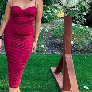 Ruched Bodycon Spaghetti Strap Backless Maxi Pencil Formal Dress